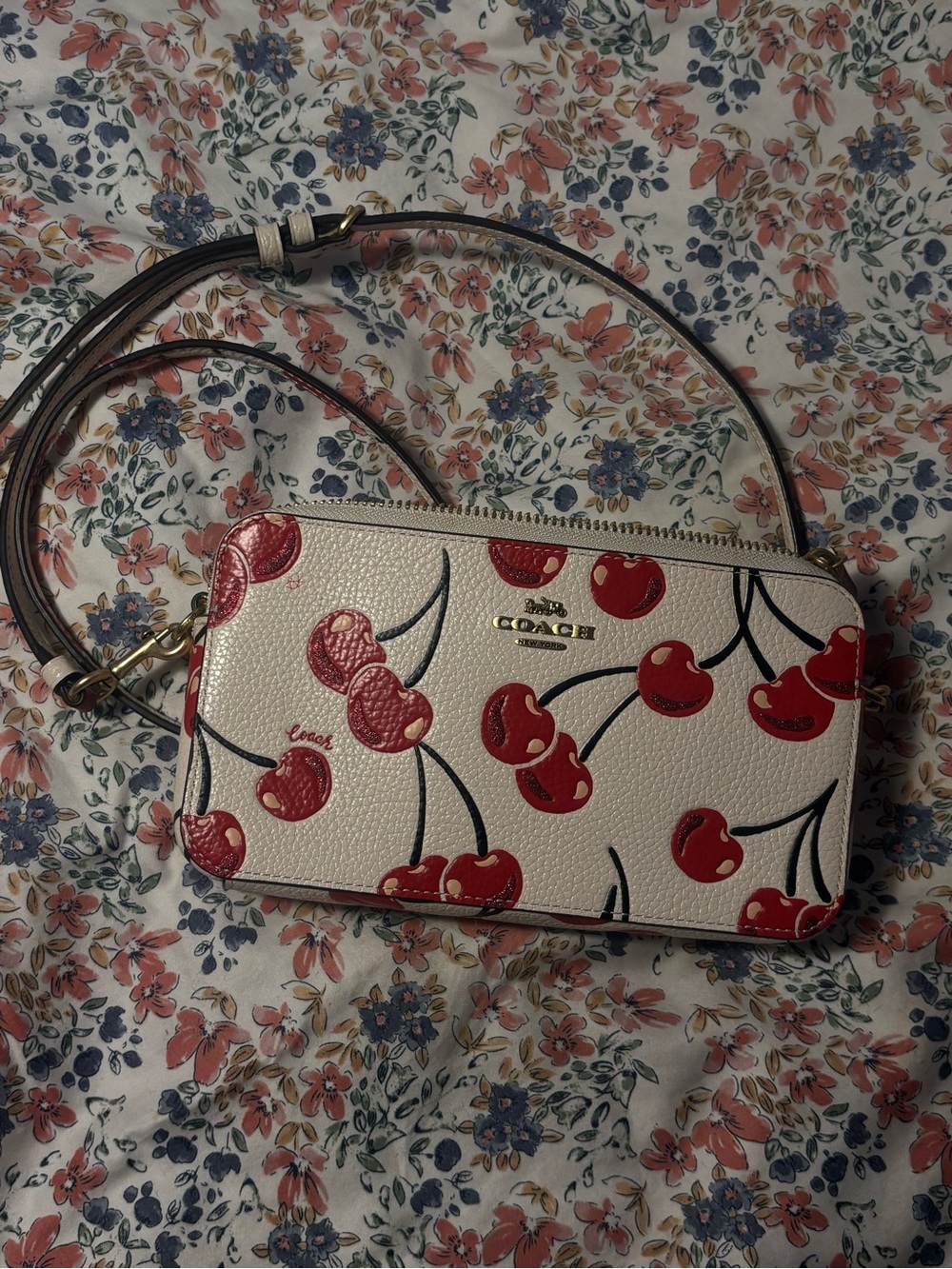 Coach White Pebbled Leather Crossbody with Red Cherry Print